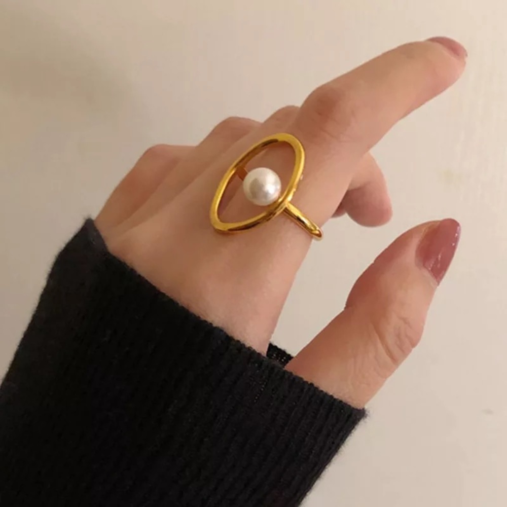 Korean Vintage Geometric Round Pearl Gold Open Ring - Picture 8 of 8
